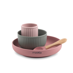 Coffret Repas Bébé en Silicone Rose / Sauge de Maïka