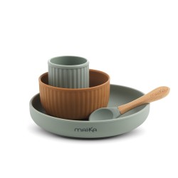 Coffret Repas Bébé en Silicone Sauge / Ocre de Maïka